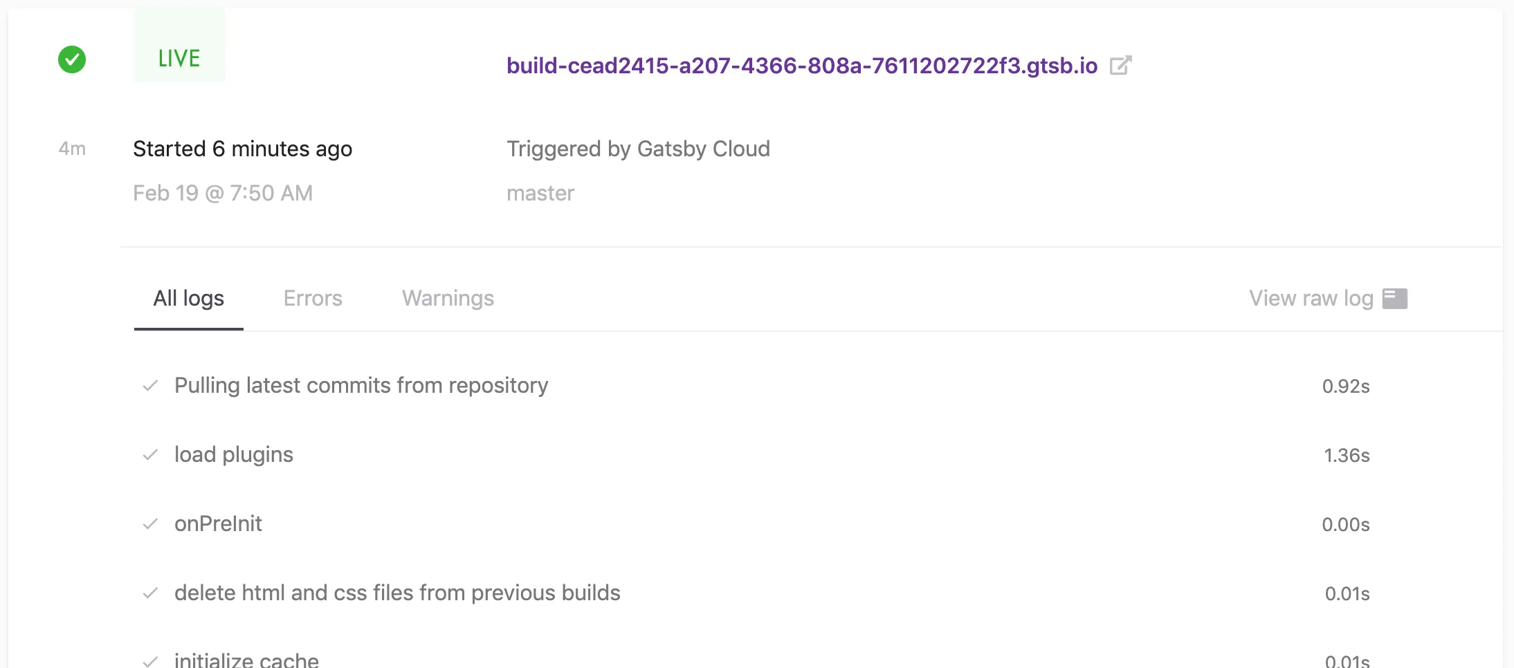 Gatsby Cloud dashboard showing a successfully built site.