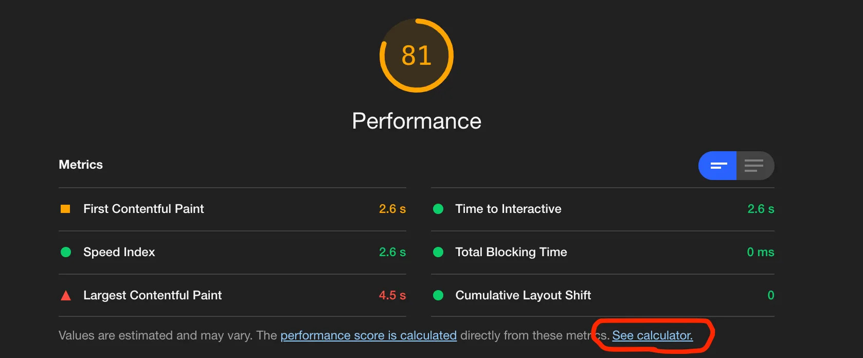 Screenshot showing the link to the calculator in the text under the performance section of the Lighthouse run.