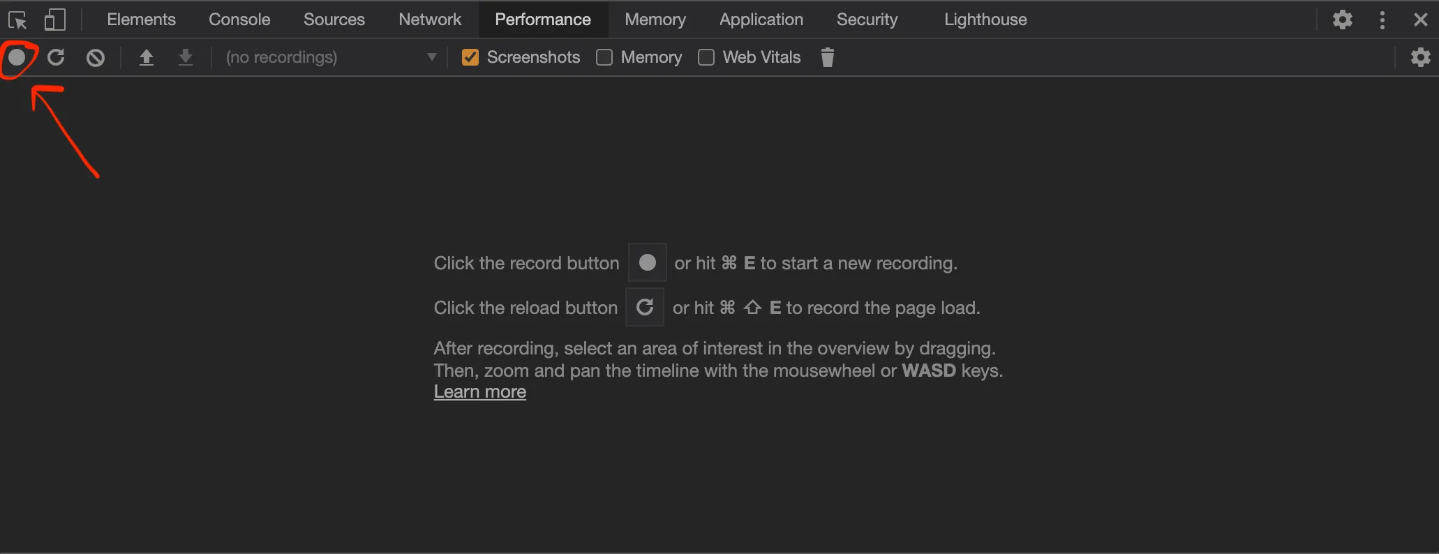 Performance tab in devtools noting the record button.