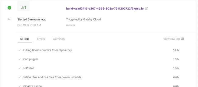 Gatsby Cloud dashboard showing a successfully built site.